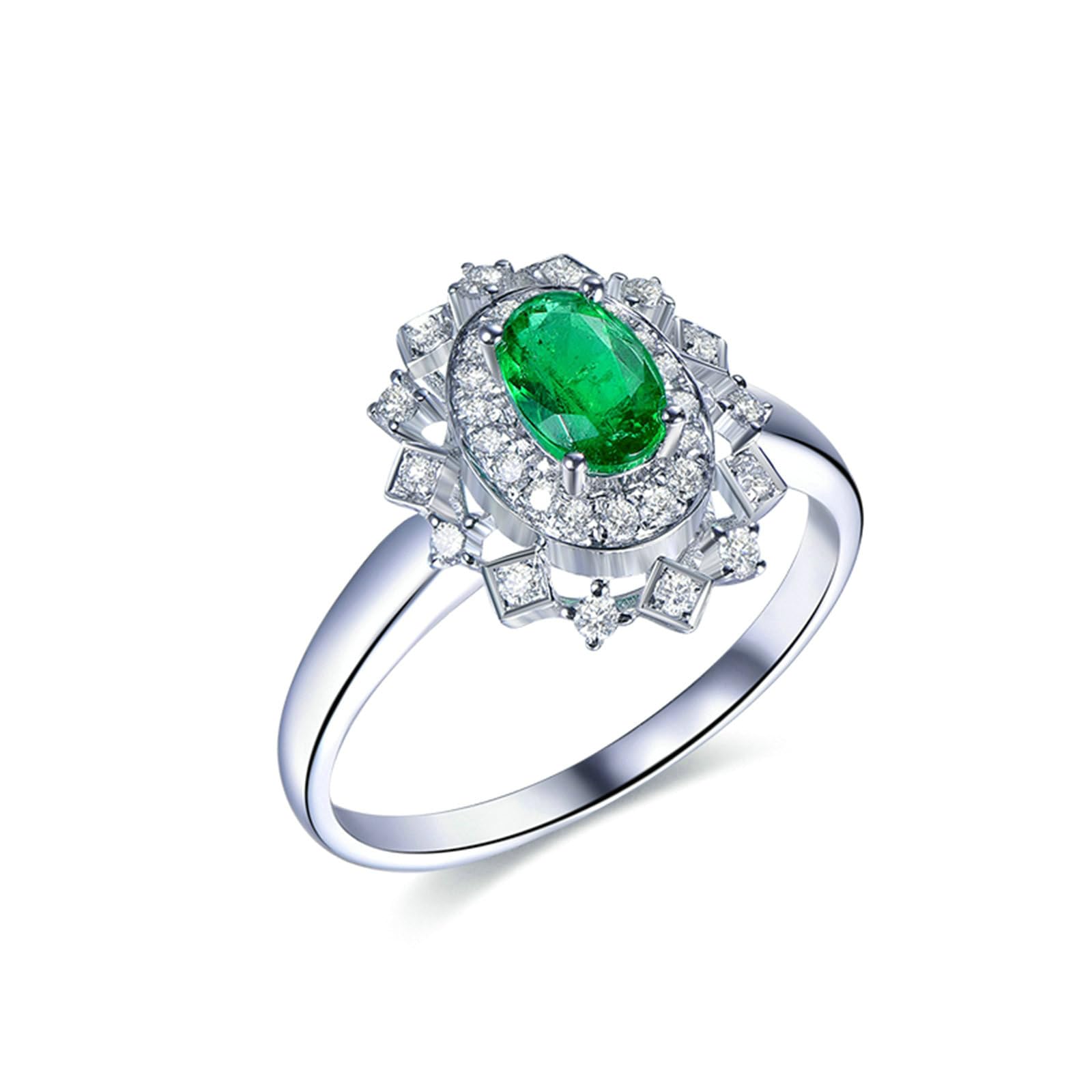 Anillo de compromiso de matrimonio para mujer, platino, anillo de boda, tamaño H 1/2-V 1/2 flor con esmeralda ovalada de 0,5 quilates y moissanita 0,21 quilates