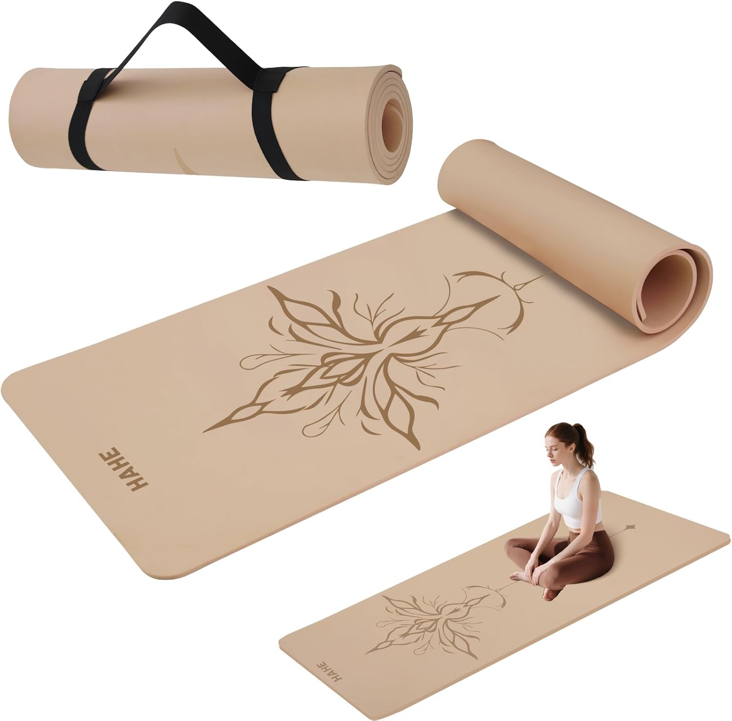 HAHE Yoga Mat Thick (8MM,1/3"), Eco-Friendly POE Non Slip Yoga Mat, High Rebound & Shock Absorption, Anti-Tear & Sweat-Resistant for Yoga, Fitness, Home, Workouts, Large Pilates Mats 72"x24" with Carrying Strap Milk Coffee