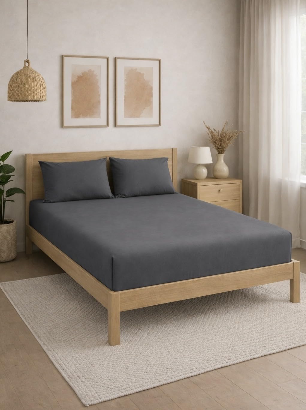 THE HOME STYLE Solid Plain Cotton Feel Fitted Bedsheet King Size (72x78 inches) | 2 Pillow Covers | 300 TC | Elastic Fit | Fits Upto 8 Inch Mattress (Ash Grey)