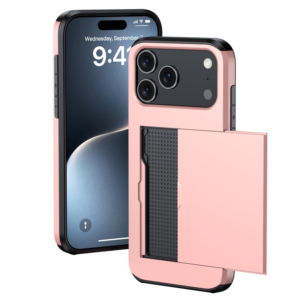Coque iPhone 14 Pro Max or rose silicone rigide avec cache carte - 8