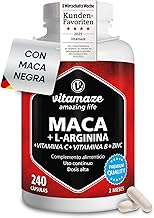 Maca Negra Complex con L-Arginina, Tres tipos de Maca Andina (Negra, Amarilla y Roja) + Vitamina C, B6, B12 + Zinc, 240 Cápsulas, Raíz Peruana, Calidad Alemana, Sin Aditivos. Vitamaze