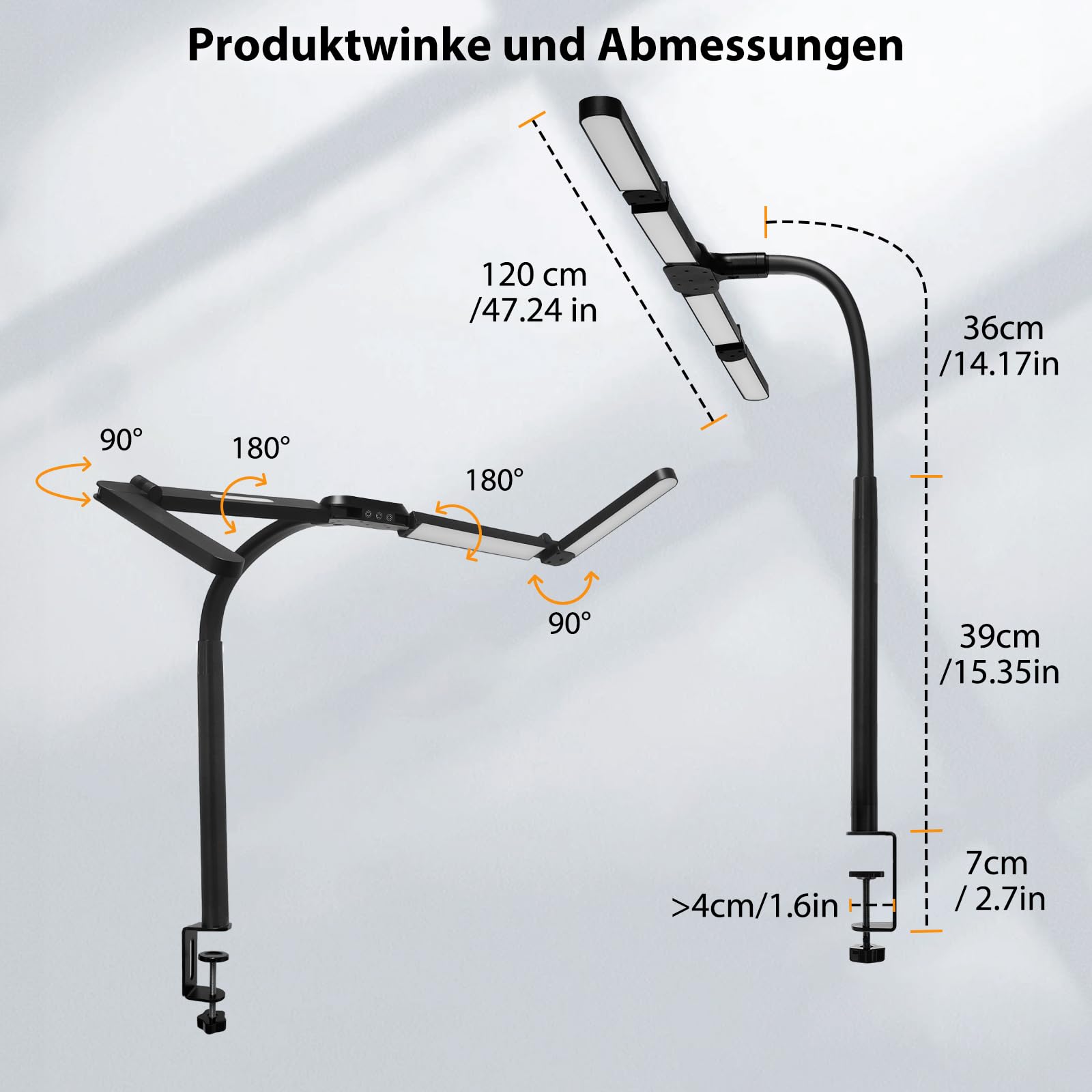 Schreibtischlampe mit RGB, 120cm LED Tischlampe mit Fernbedienung | Monitor Lampe klemmbar dimmbar für mehrere Monitore geeignet, Tageslichtlampe für Büro, Lesen, Architekten, Schneider