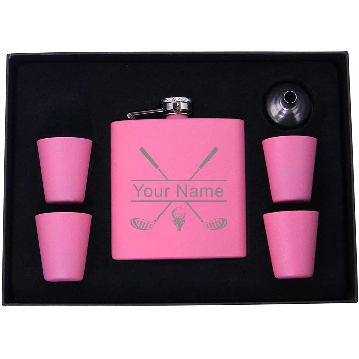 Personalized Golf Club Flask, Funnel, (4) Shot Glasses, and Presentation Gift Box with Custom Golfing Birdie Juice Hip Stainless Steel Metal Matte 6-Ounce Golf Bag Engraved Flask (Pink)