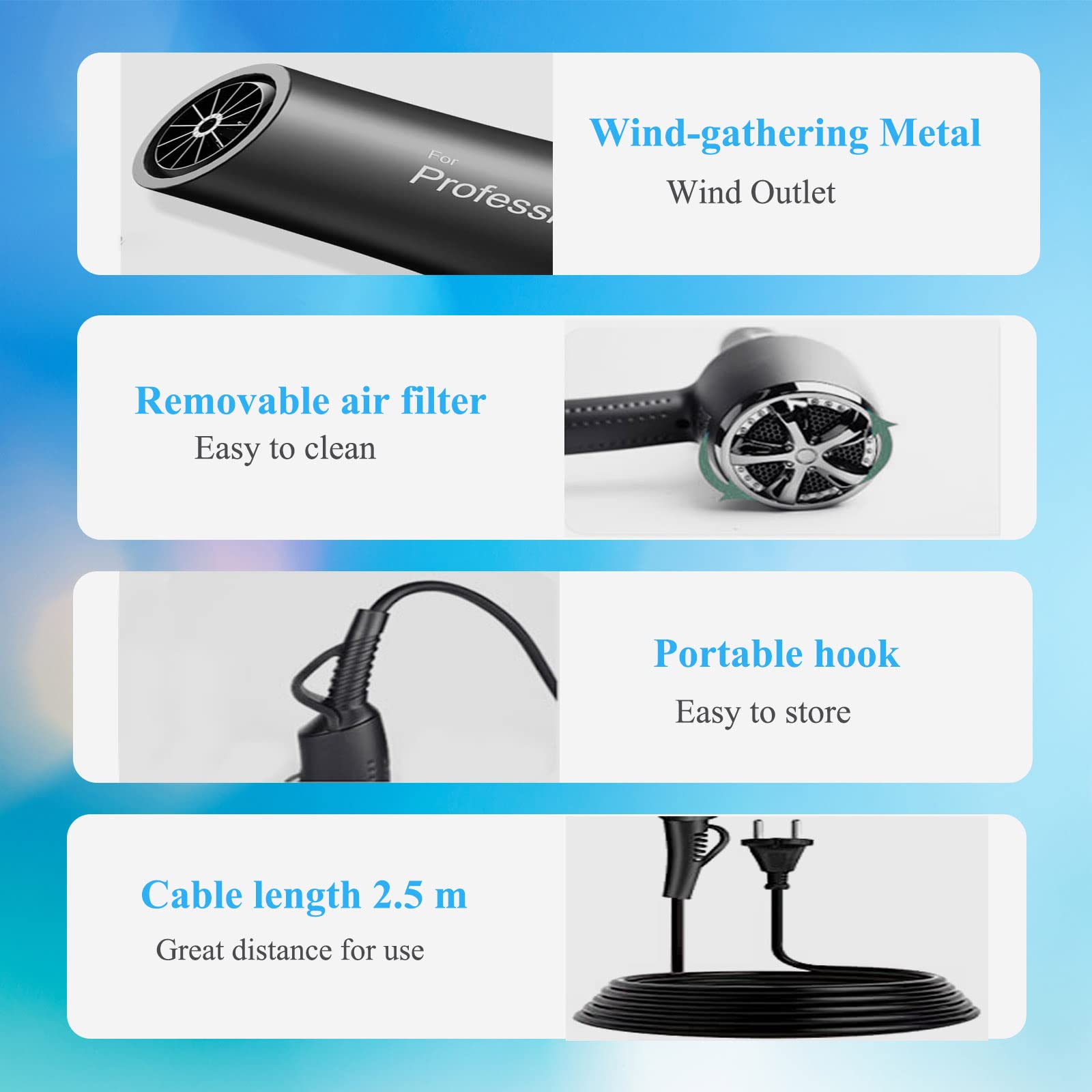 Secador de Pelo Profesional 2400W, Iónico, Cabello Sin Encrespamiento, Secadores Pelo Motor AC, 3 Temperaturas, 2 Velocidades, Secador de Pelo con 2 Concentrador y Difusor, para Familias y el Salón