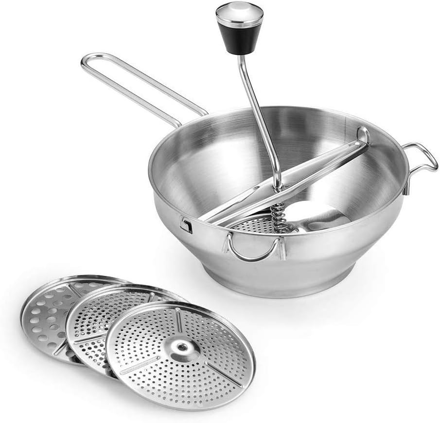Pantula Rotary Food Mill with 3 Interchangeable Disks, Great for Making Puree or Soups of Vegetables, Tomatoes, Applesauce, 304 Polished Food-Grade Stainless Steel, Easy to Clean and Easy to Assemble