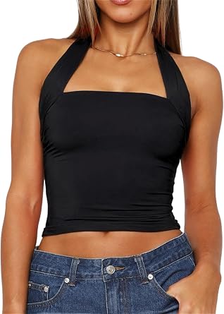 ForeFair Women Halter Neck Backless Crop Top Sexy Y2K Sleeveless Tank Top Open Back Slim Fit Tops