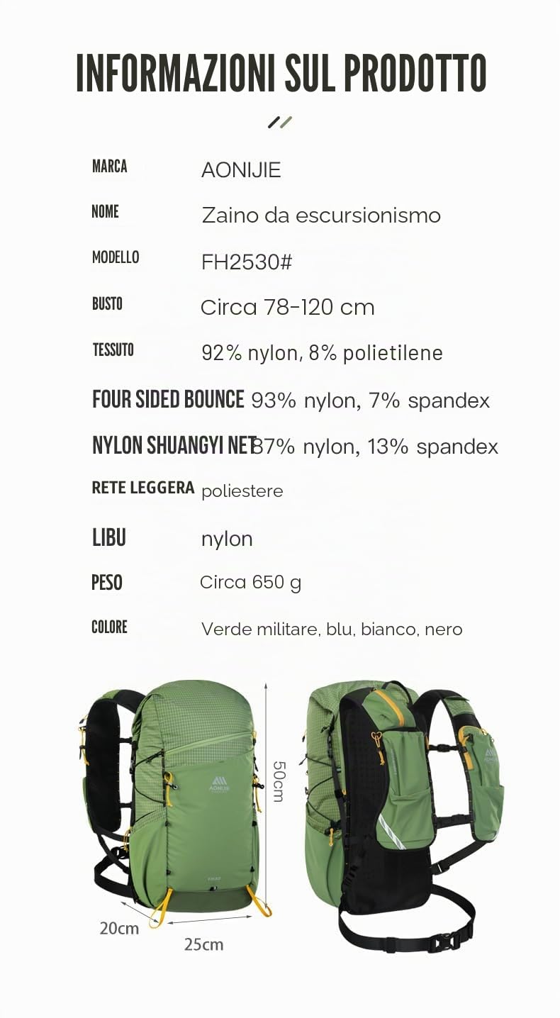 AONIJIE Zaino da arrampicata da 30 l, grande capacità, per campeggio, trekking, alpinismo