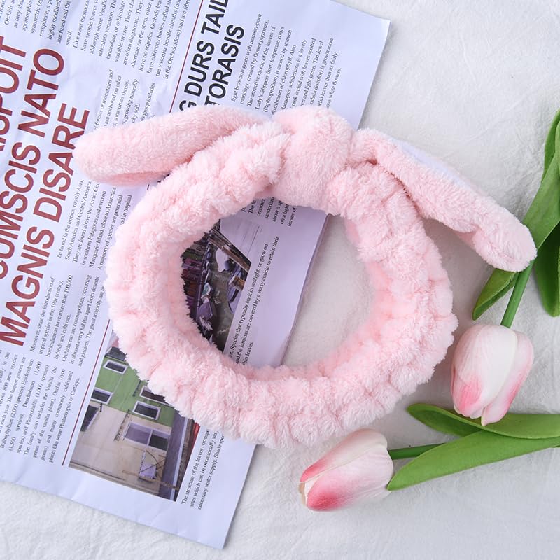 Pink Easter Bunny Rabbit Ears Headband for Women Girls Make Up Hairands for Washing Face Spa Hair Band for Girls Women Yoga Sport Rabbit Ears Hairand for Skin Care Bath Shower Headband Head Wrap - Image 3