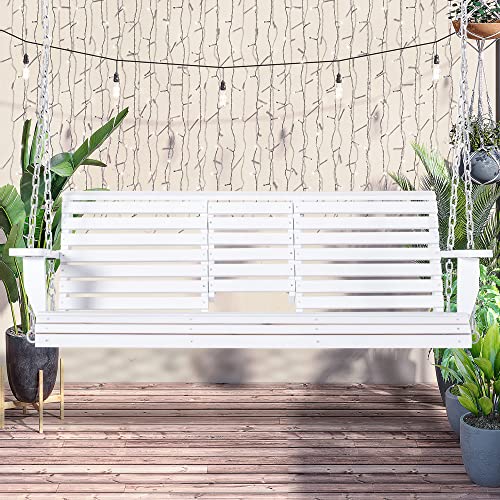 Outsunny 3-Seater Wooden Porch Swing, Patio Swing Bench With Folding Coffee Table, Cup Holders And Chains Included, 440Lbs Weight Capacity, White #TOP1