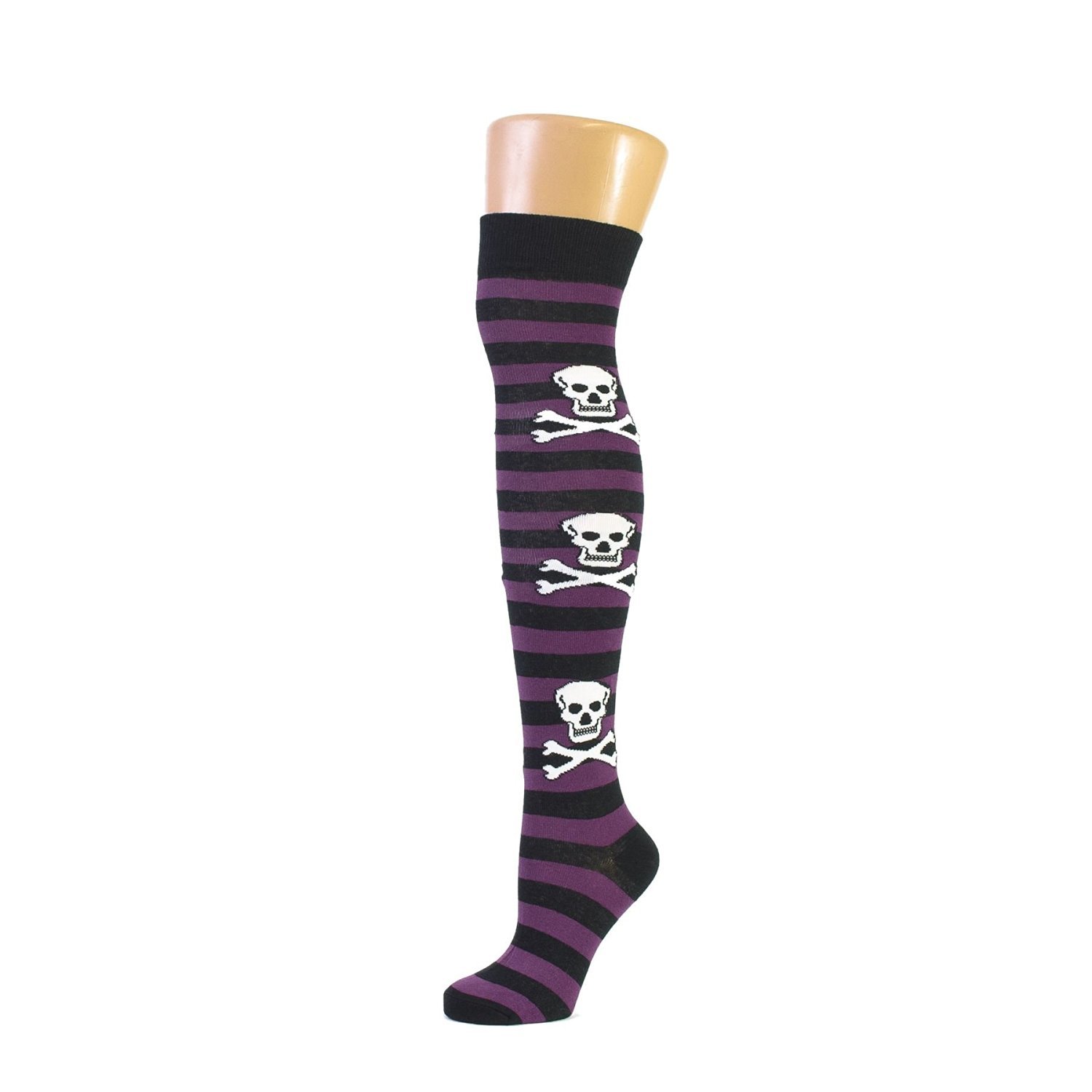 Macahel Ladies Over The Knee Striped Skull Socks (Purple)