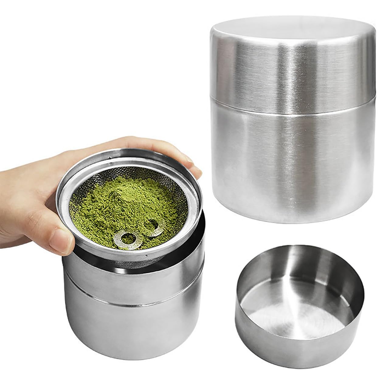 Matcha Powder Sifter and Storage Tin Set, Stainless Steel Matcha Shaker Canisters with Agitator Rings,Matchas Tin Container Tea Canister with Lids,Mesh Fine Sieve for Coffee Matcha Sugar Spice