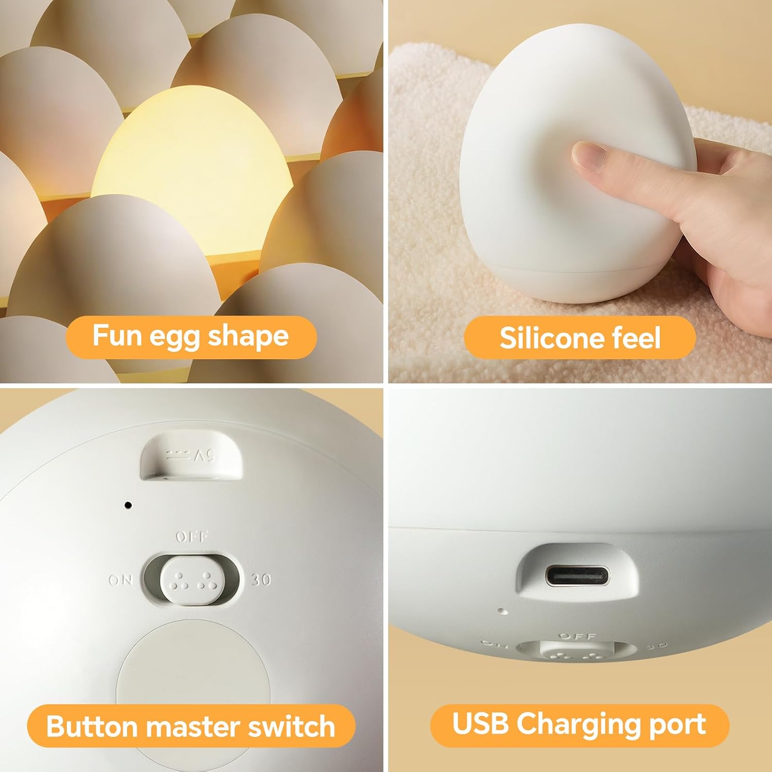 Egg Light for Nursery Silicone Baby Night Light Portable Soft Warm Touch Night Lamp Stepless Dimming with 30-Min Timer for Breastfeeding Kids Bedroom