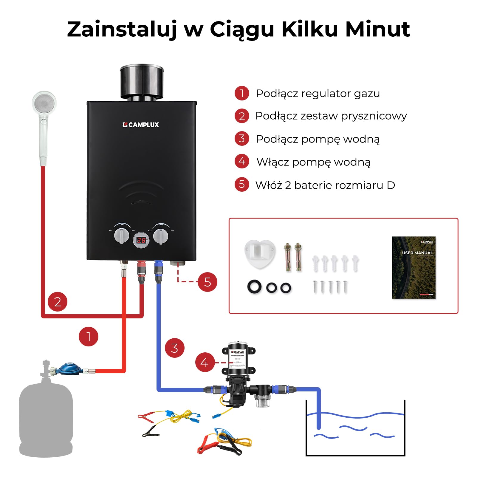 CAMPLUX BW158BCP60-DE bezzbiornikowy bezzbiornikowy podgrzewacz przepływowy 50 mbar, LPG z pompą wodną 12 V i osłoną przeciwdeszczową, na prysznic kempingowy/wycieczkę do kampera/konia myjącego
