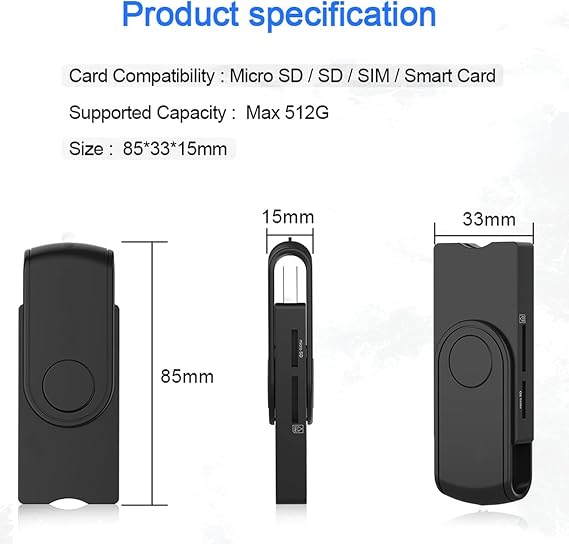 CAC Smart Card Reader, 5 in 2 DOD Military USB SIM/SD/TF/ID/IC Card Adapter USB C Sim Card Adapter Compatible with Windows, Linux/Unix, MacOS X (5 IN 2)
