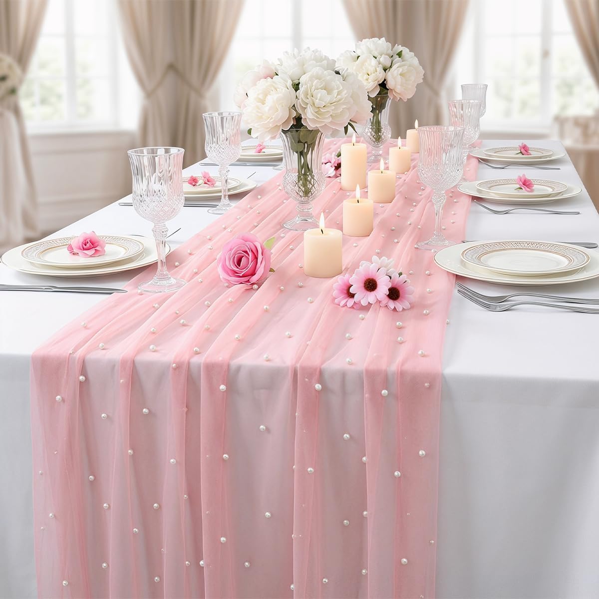 80 x 300 cm Pink Cheesecloth Table Runner with Pearl and Tulle