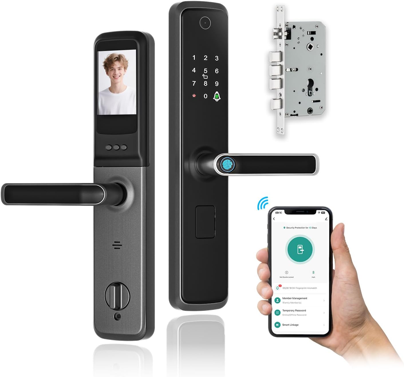 Makayuron Smart Door Lock with Handle - Tuya WiFi App Remote Control, Cateye Fingerprint Keyless Entry, Electronic Digital Keypad Lock, Battery Included (S07-Black)