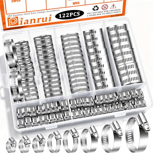 Image of Dianrui 122 PCS Hose Clamp Assortment 1 /4 inch-2 inch(6-51mm) 304 Stainless Steel Hose Clamp Kit, Worm Gear Hose Clamps Heavy Duty for Plumbing /Tube /Automotive /Marine-8 Size