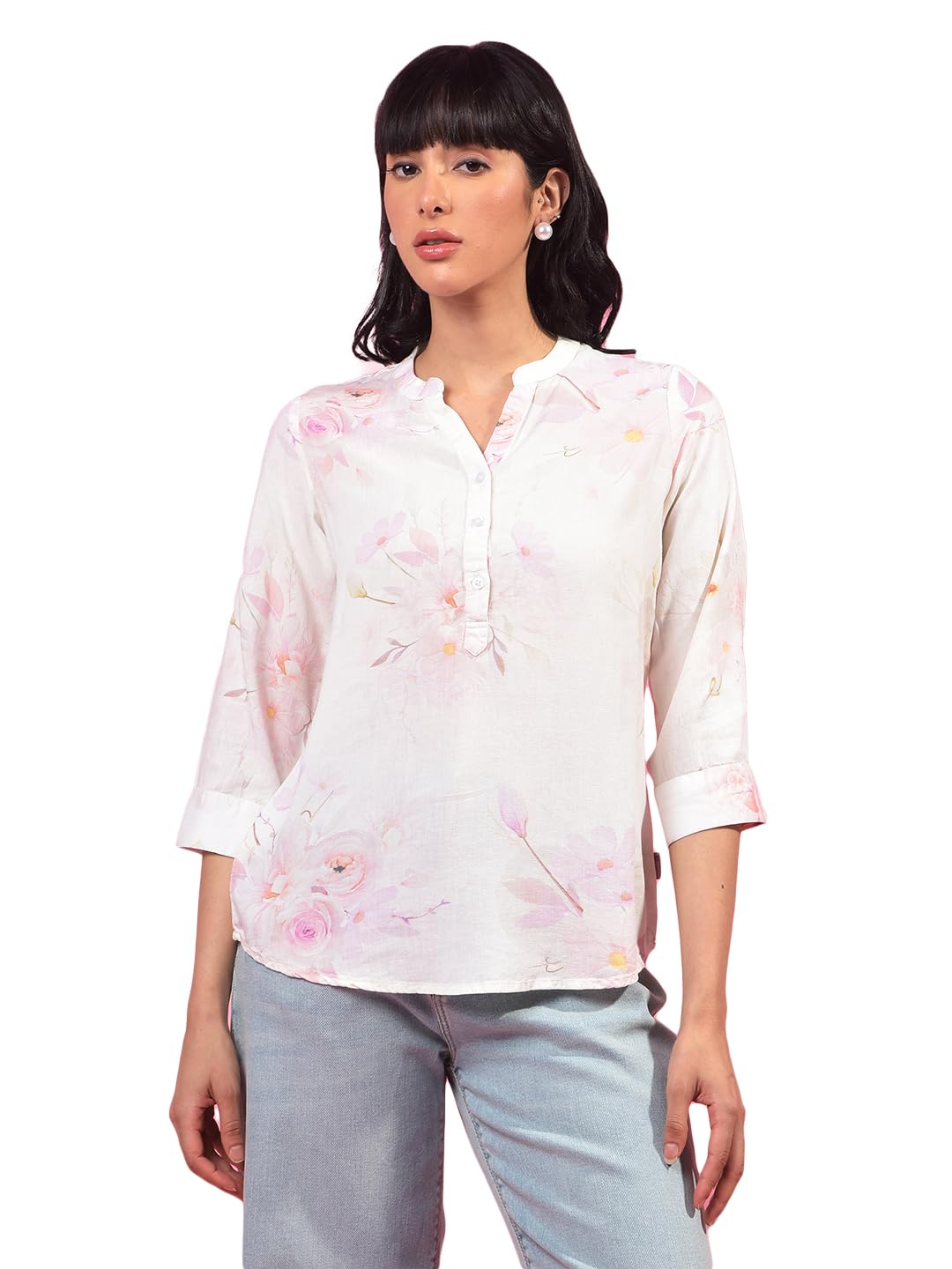 crimsoune club Women's Peach Floral Print V-Neck Linen Top-picture-27