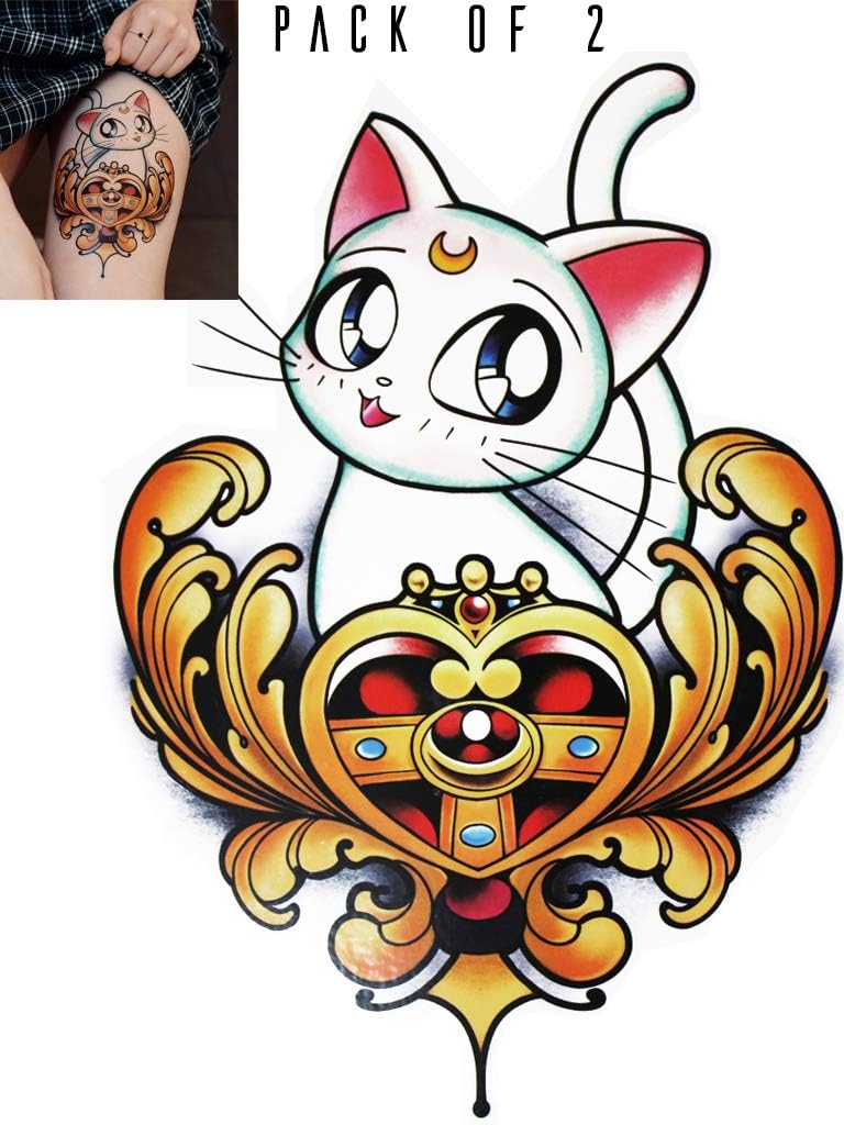 Novu Ink Sailor Moon Cat Artemis Temporary Tattoos Pack Of 2 Fake Tattoos Art Design Transfers Stickers For Body Arm Leg Etc 21cm X 16cm Amazon Co Uk Stationery Office Supplies