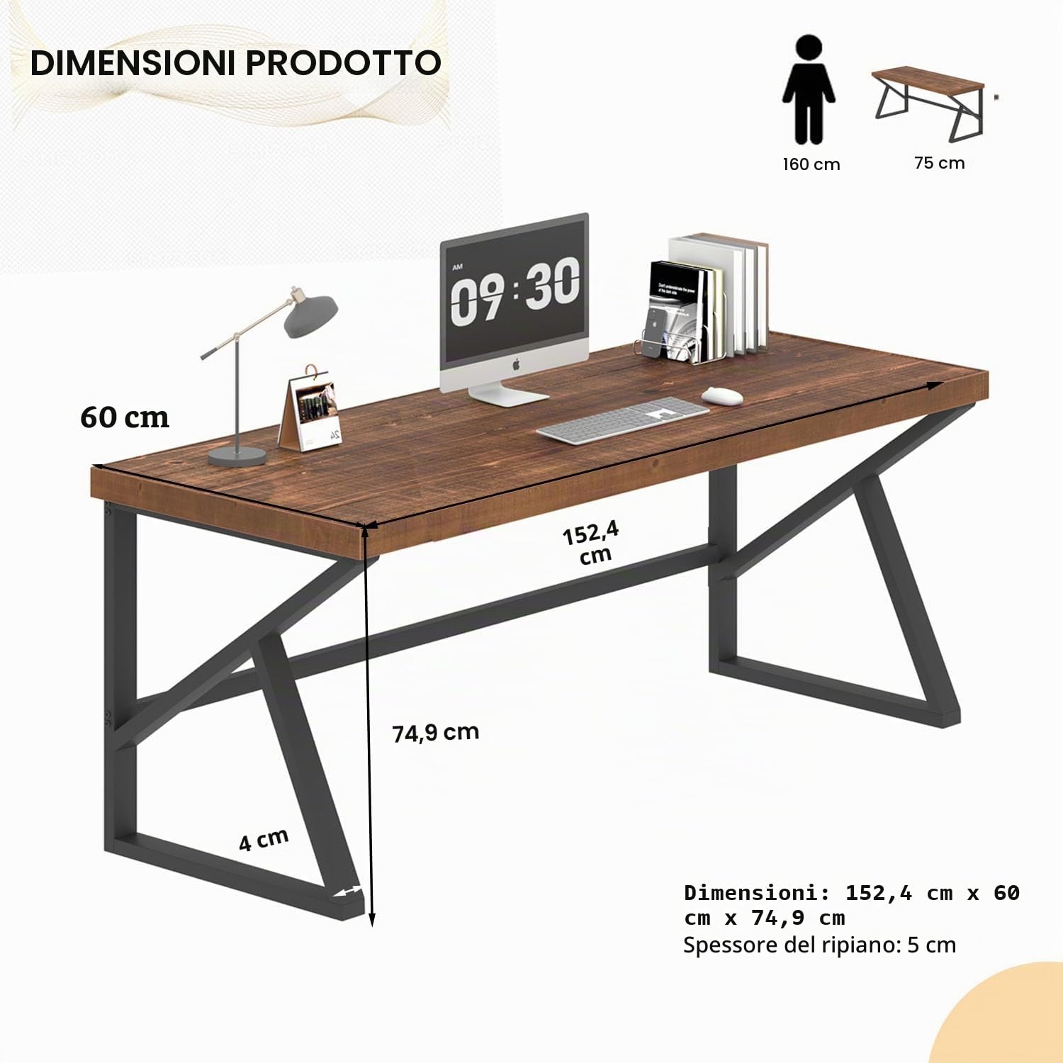 IBF Scrivanie da ufficio in legno massiccio a 60 pollici per computer piccole scrivanie per la casa | Grande tavolo minimalista rustico in vero legno naturale per casa ufficio industriale PC Gaming Computer workstation