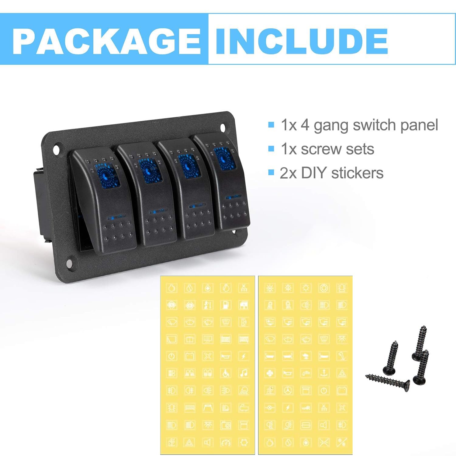 Greluma 4-banda pannello interruttori a bilanciere ON/OFF precablato retroilluminato blu per auto barca camper