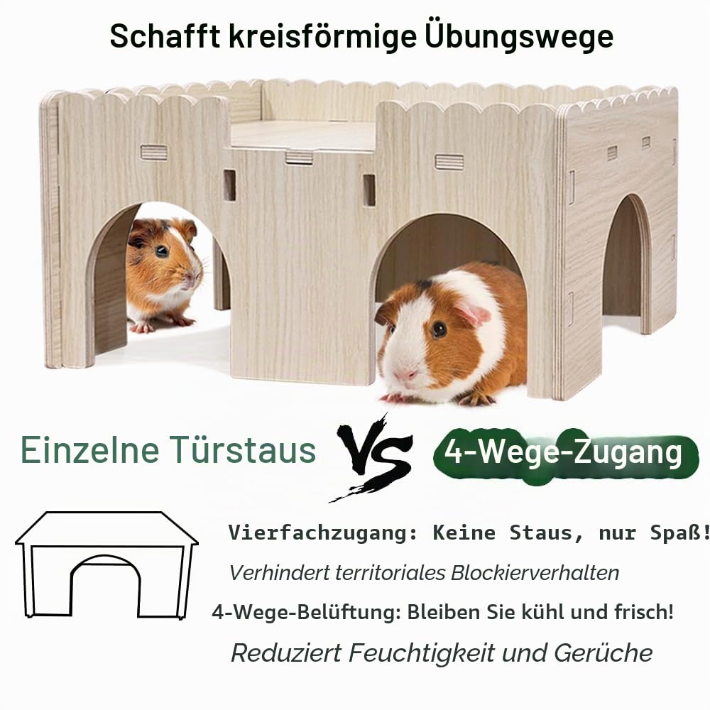 Meerschweinchenversteck aus Holz mit Rampe, 4 Eingänge, mit weichem Pad, 9 mm Holz, für Meerschweinchenhaus, Hasenversteck