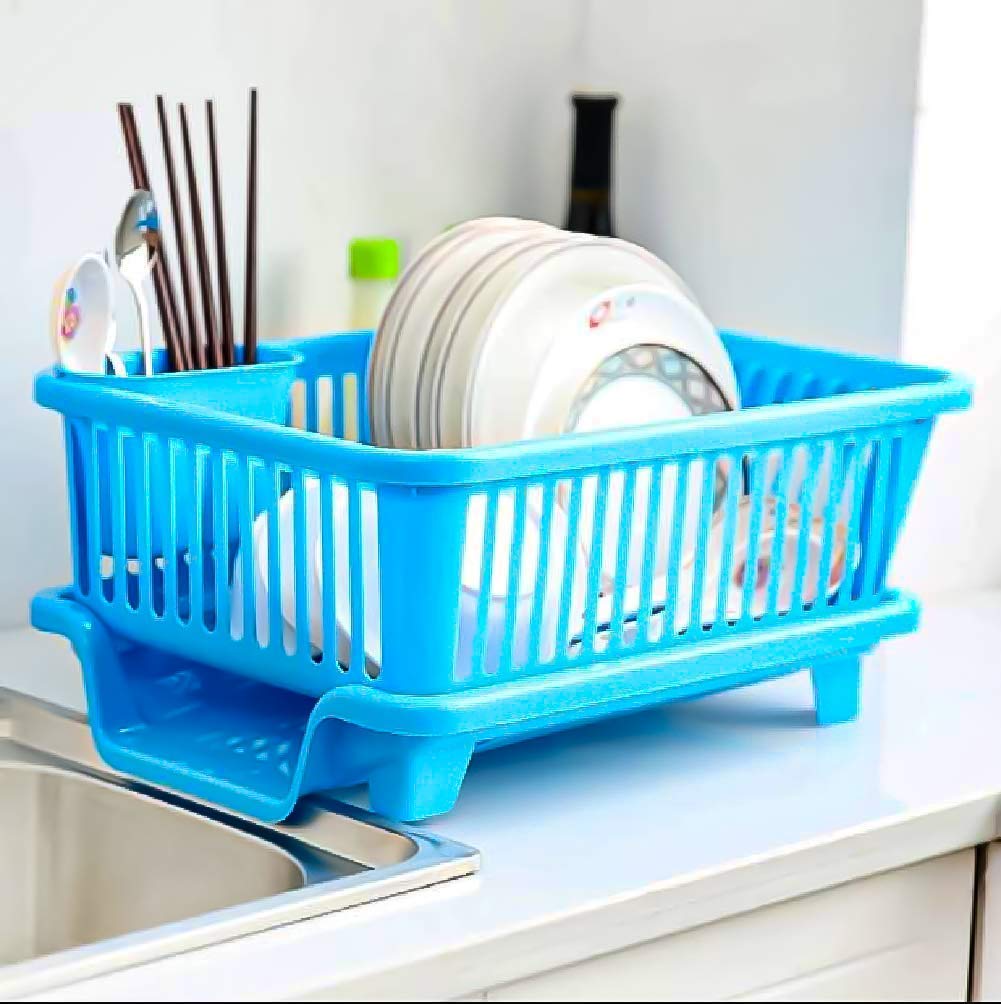 Homeor 3-in-1 Küchenspüle aus robustem Kunststoff, großes Abtropfgestell, Abtropfgestell, Wäschekorb mit Tablett für Küche, Geschirrregal, Organizer, Utensilien, Abtropfkorb für Küche, Blau