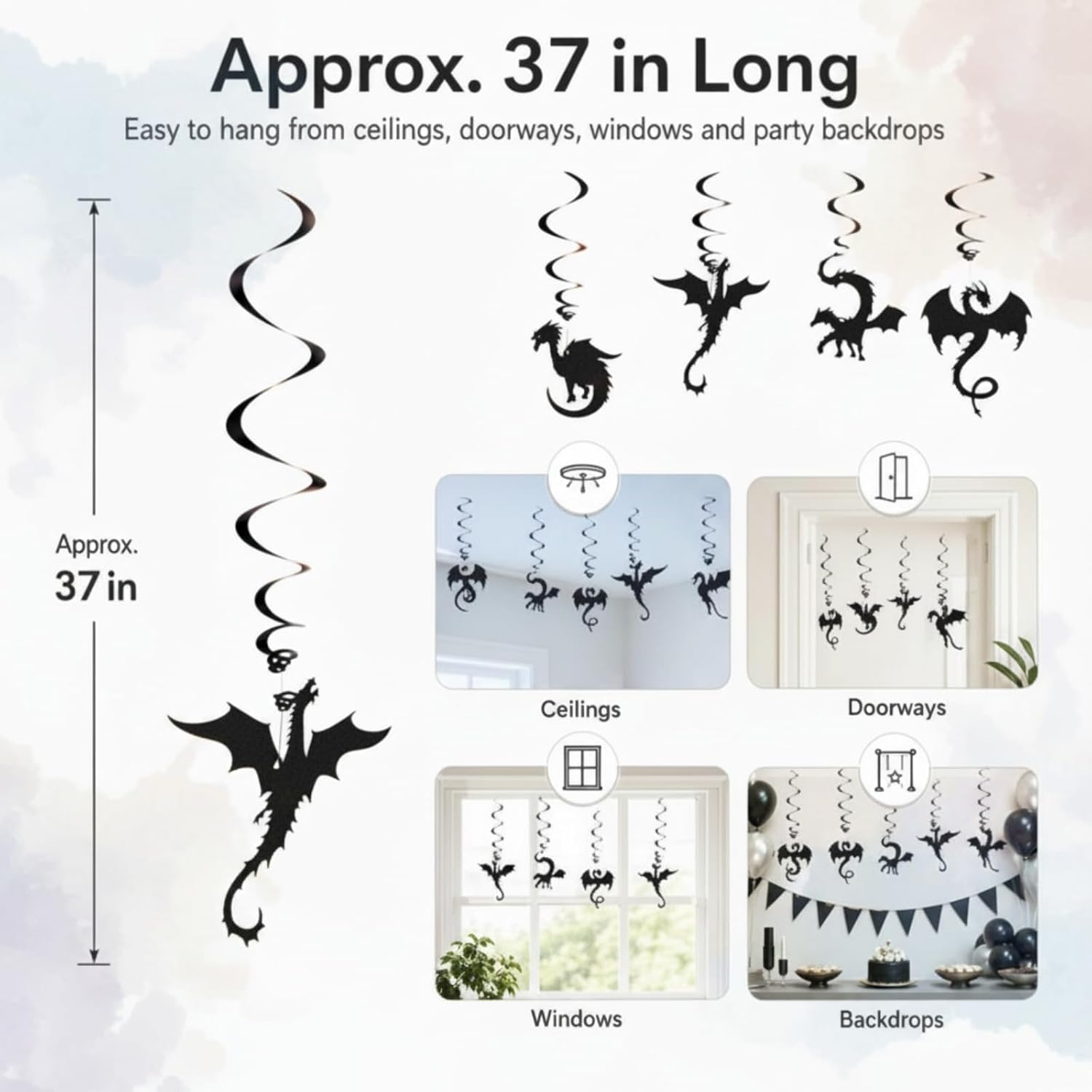 Sumind 30 Pcs Dragon Hanging Swirls Party Decorations, Black Dragon Ceiling Hanging Decor for Medieval Fantasy Themed Birthday Party Supplies, 10 Designs