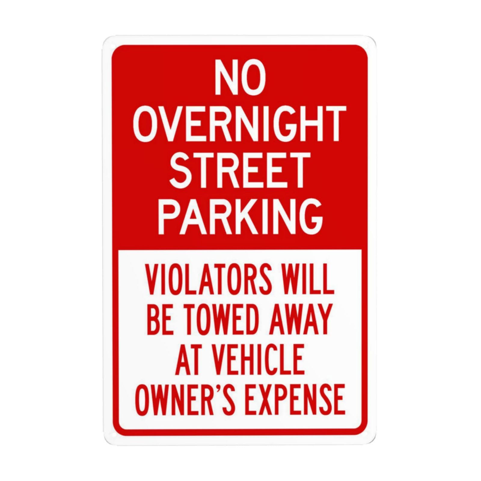 SMAZDFXX No Overnight Street Parking Violators Will Be Towed Away At Vehicle Owner's Expense Metal Warning Signs, Cautions Security Tin Sign, Safety Signs for Street Business Wall Decor 8"x12"