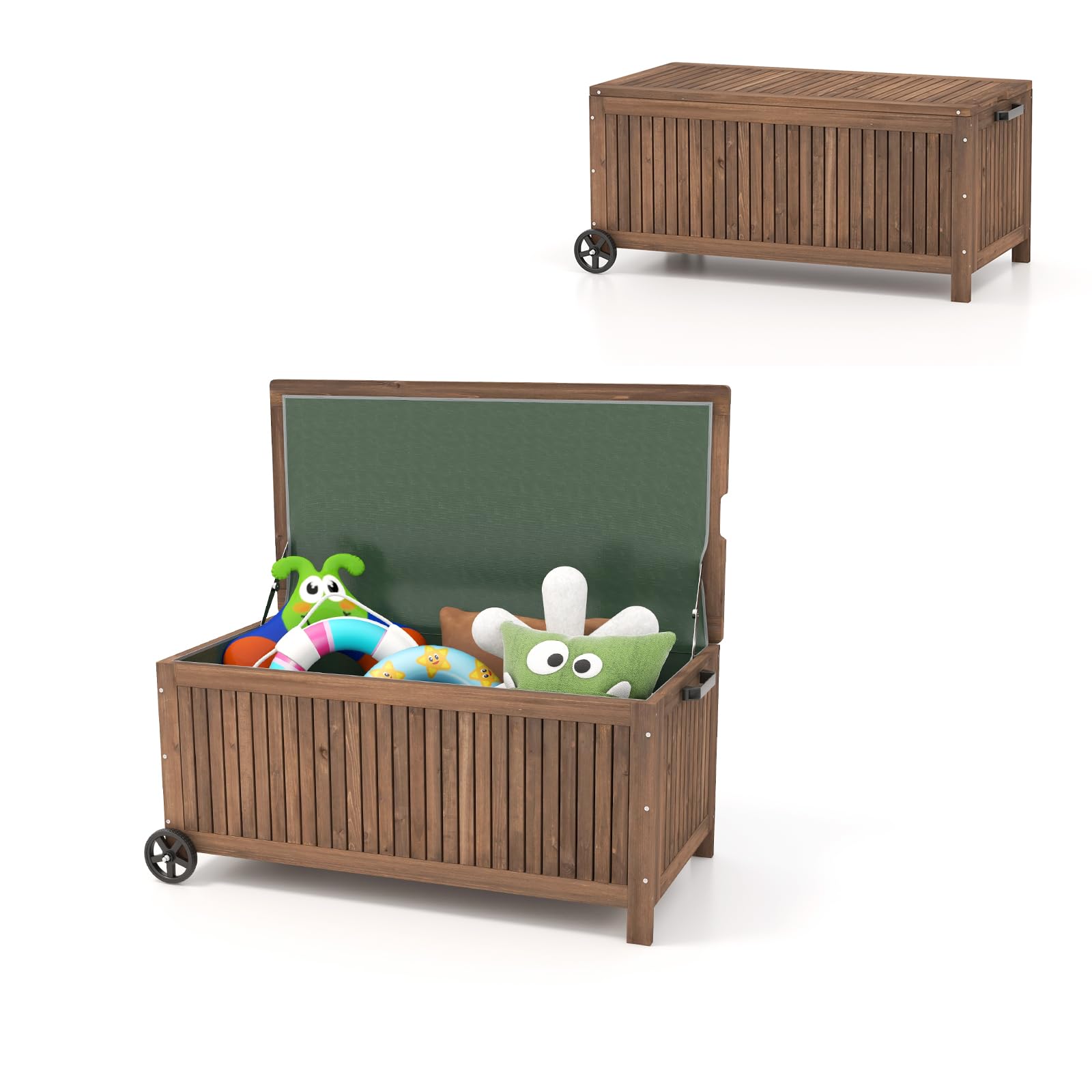 HOMASIS 213L Cassapanca in Legno di Abete, Banco da Giardino con Ruote e Fodera Impermeabile Rimovibile, Scatola di Stoccaggio, Portata 50KG per Terrazzo Balcone, 114x51x58.5 cm