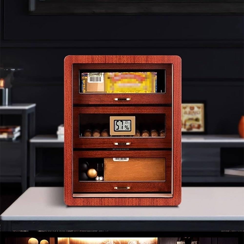 Zigarren-Humidor Zedernholz Aufbewahrungsbox mit 3 Schichten Schubladen und digitalem Hygrometer, Tisch-Elektro-Humidor für den Desktop-Einsatz