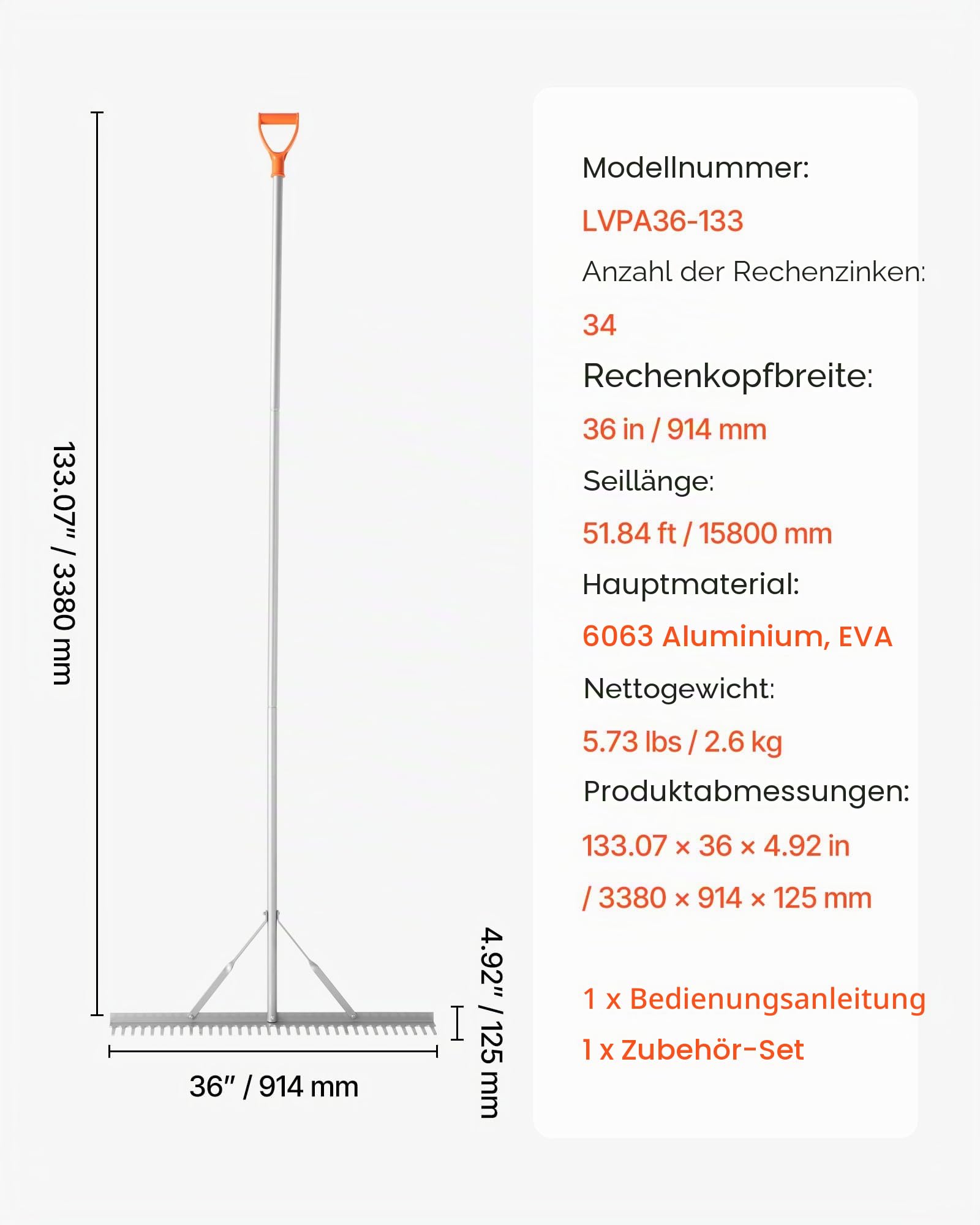 VEVOR Rechen Aluminium, 914 mm Kopf, 2590 mm Stiel, großes, Laubrechenwerkzeug für die Landschaftsgestaltung, Gartenrechen zum Auflockern von Erde, Garten & Hof, Teichkies & Strandrasenpflege