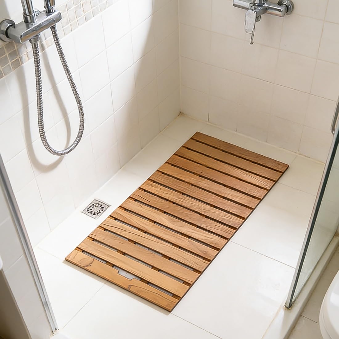 MESOVFCA Large Teak Wood Bath Mat, Customizable 24x24in(61x61cm) Shower Mat with Non-Slip Feet, Square Bathroom Floor Mats for Bathroom, Bathtub, Spa, Pool, Sauna, Indoor and Outdoor Use