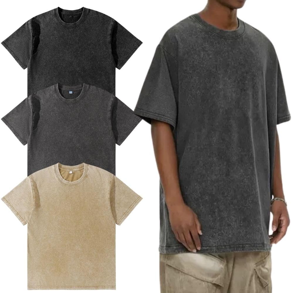 – Men’s Oversized T-Shirt,Pack of 3, Men's Basic Cotton T-Shirt Summer，Retro Washed Top, Unisex Fashion, Hip Hop Vintage Casual Tee Shirts