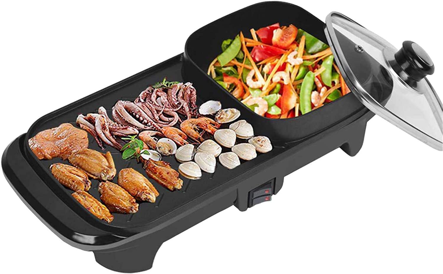 Parrilla de Asar Grill de Asar Plancha de Asar 2 en 1 Parrilla eléctrica y Olla Caliente Antiadherente para Hornear en Interiores Sartén Plana Hotpot Grill BBQ Plancha Plana 1100W 1101(Si