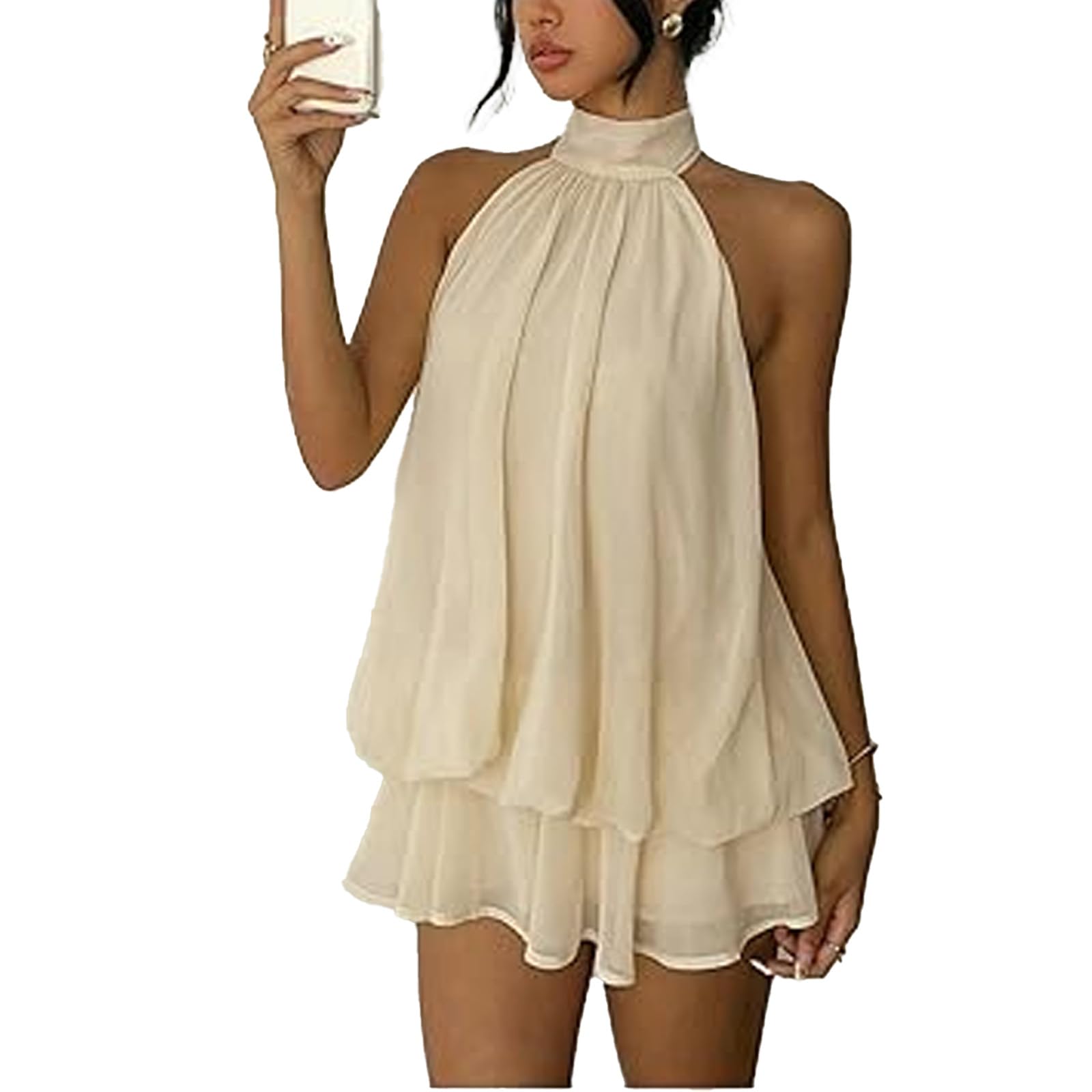 Abito da cocktail da donna, in chiffon, con scollo all'americana, senza maniche, estivo, senza maniche, con volant, mini abito da brunch