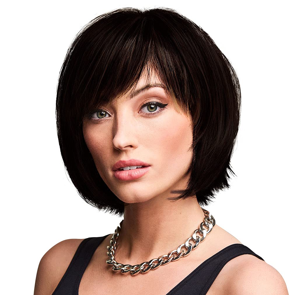 HairUWear Hairdo Flirty Fringe Modern Bob Chin Length Wig, Average Cap Size, R4 Midnight Brown