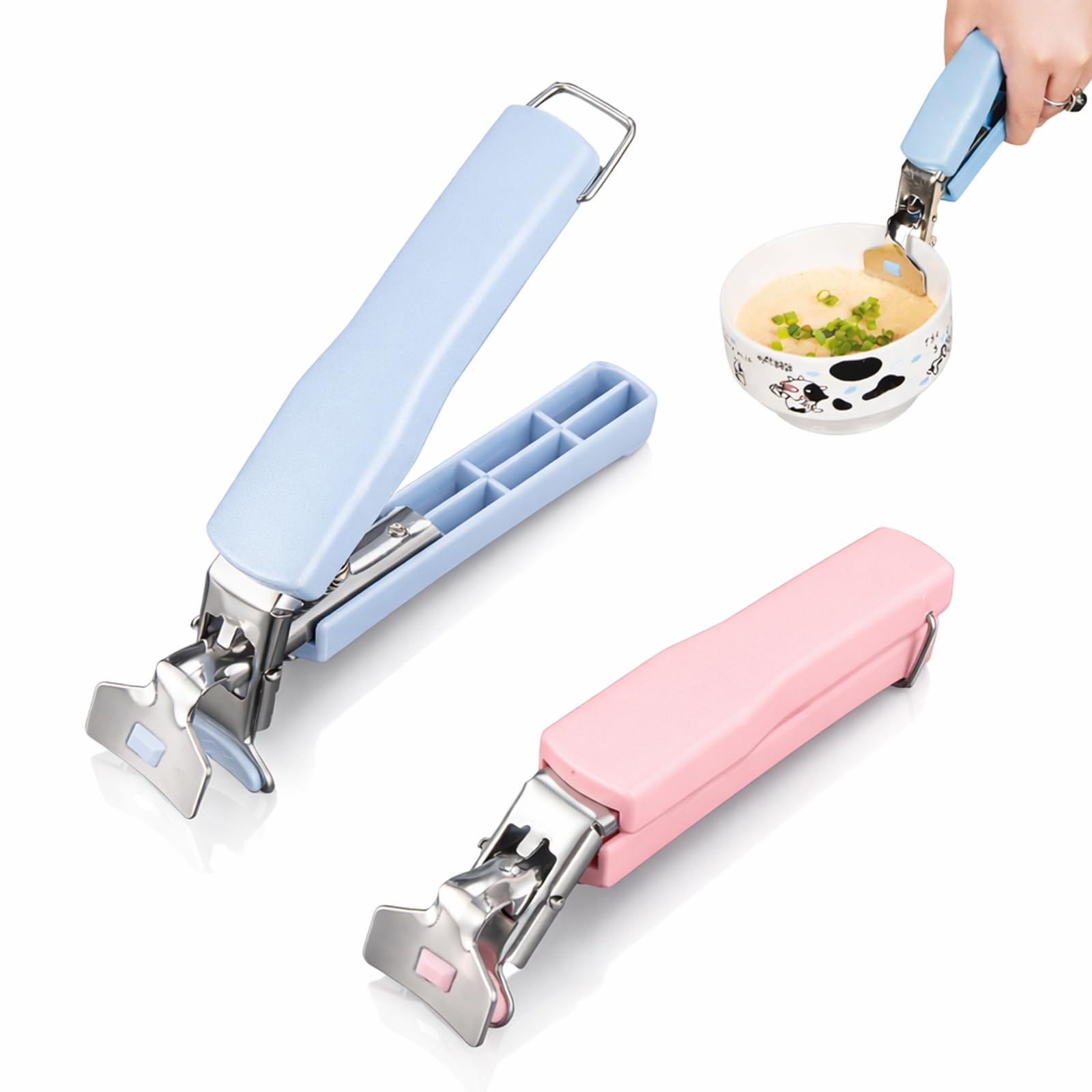 2 Pack Bowl Clip, Hot Dish Lifter Stainless Steel Plate Gripper, Anti Scalding Kitchen Tongs for Removing Hot Bowls & Plates from Microwave, Oven, Air Fryer, Pressure Cooker (Pink and Blue)