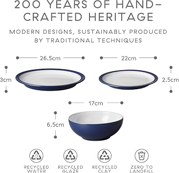Denby - Elements Dark Blue Dinner Set for 4-12 Piece Ceramic Tableware Set - Dishwasher Microwave Safe Crockery Set - 4 x Dinner Plates, Medium Plates, Cereal Bowls