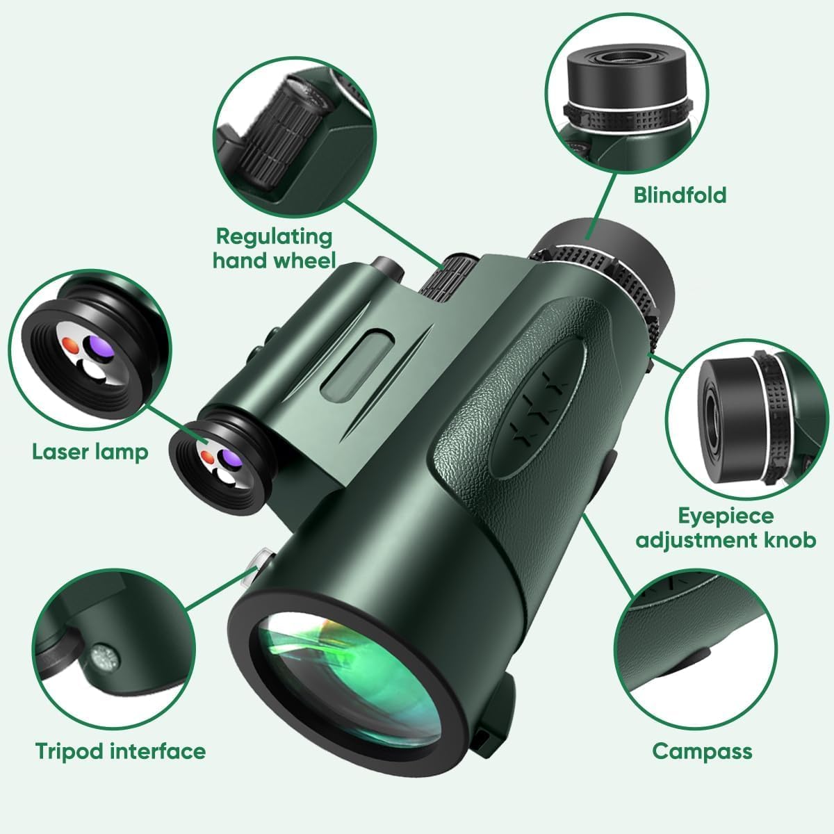 Monocular Telescope with Lights HD Monoculars 80x100 for Adults High Powered Monocular for Hunting with Smartphone Holder & Tripod, Handheld Telescope Suitable for Bird Watching Stargazing-Green - Image 2