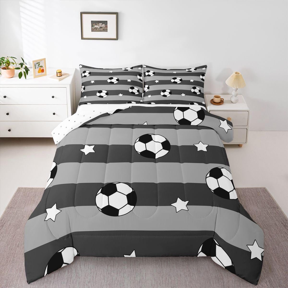 Feelyou Soccer Comforter Set King Size Kids Football Pattern Games Bedding Set for Boys Girls Sports Theme Grey Geometric Stripes Duvet Quilt Room Decor