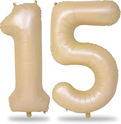 Globos de cumpleaños de color albaricoque con el número 15, globos grandes de aluminio beige de 40 pulgadas con el número 1 y 5 para niños de 15