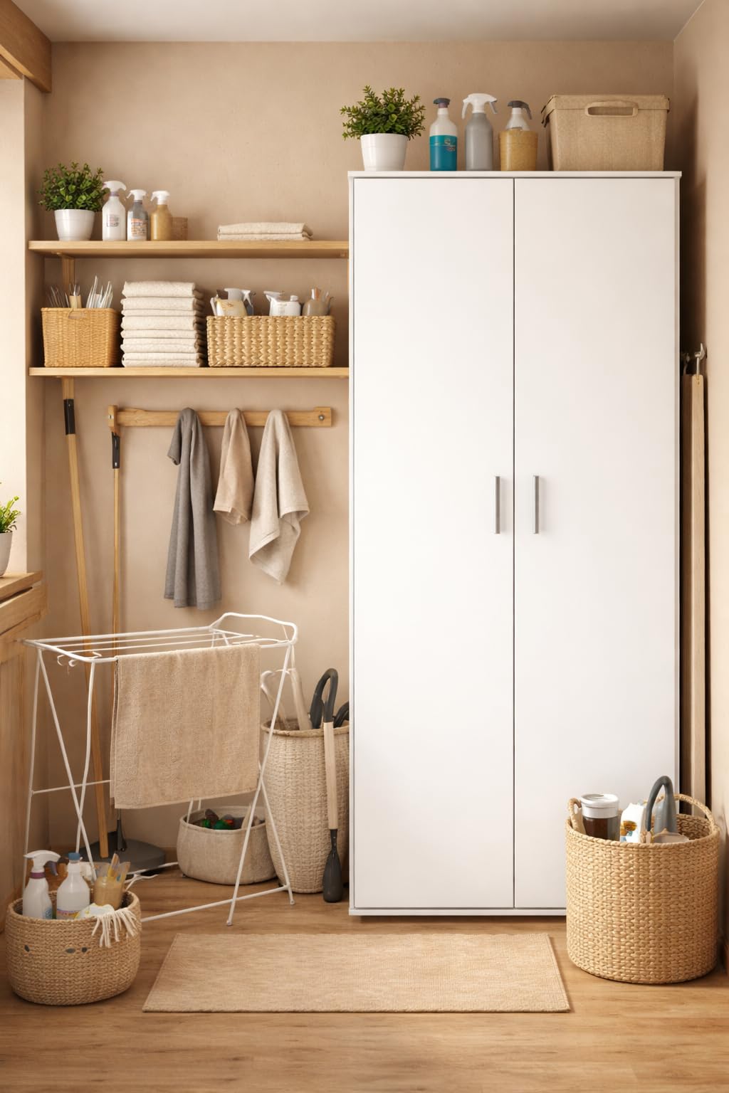 Happy Babies Utility-Schrank 60 cm | Weiß | Vorratsschrank für Staubsauger, Mopps & Reinigungsmittel | 176 cm hoch – Laminierte 16 mm Platte, Mattes ABS-Finish (Weiß)
