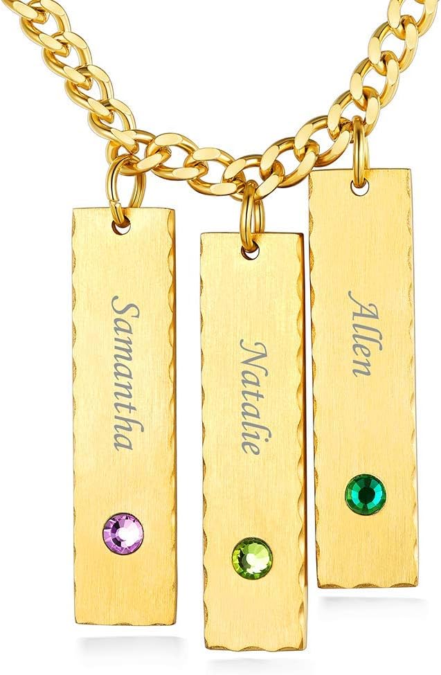 Custom4U Personalized Birthstone Bar Necklaces for Women, Custom Handmade Silver/Black/Gold Vertical Bar Pendants with 1-3 Names Engraved,Unique Memorial Necklace for Her