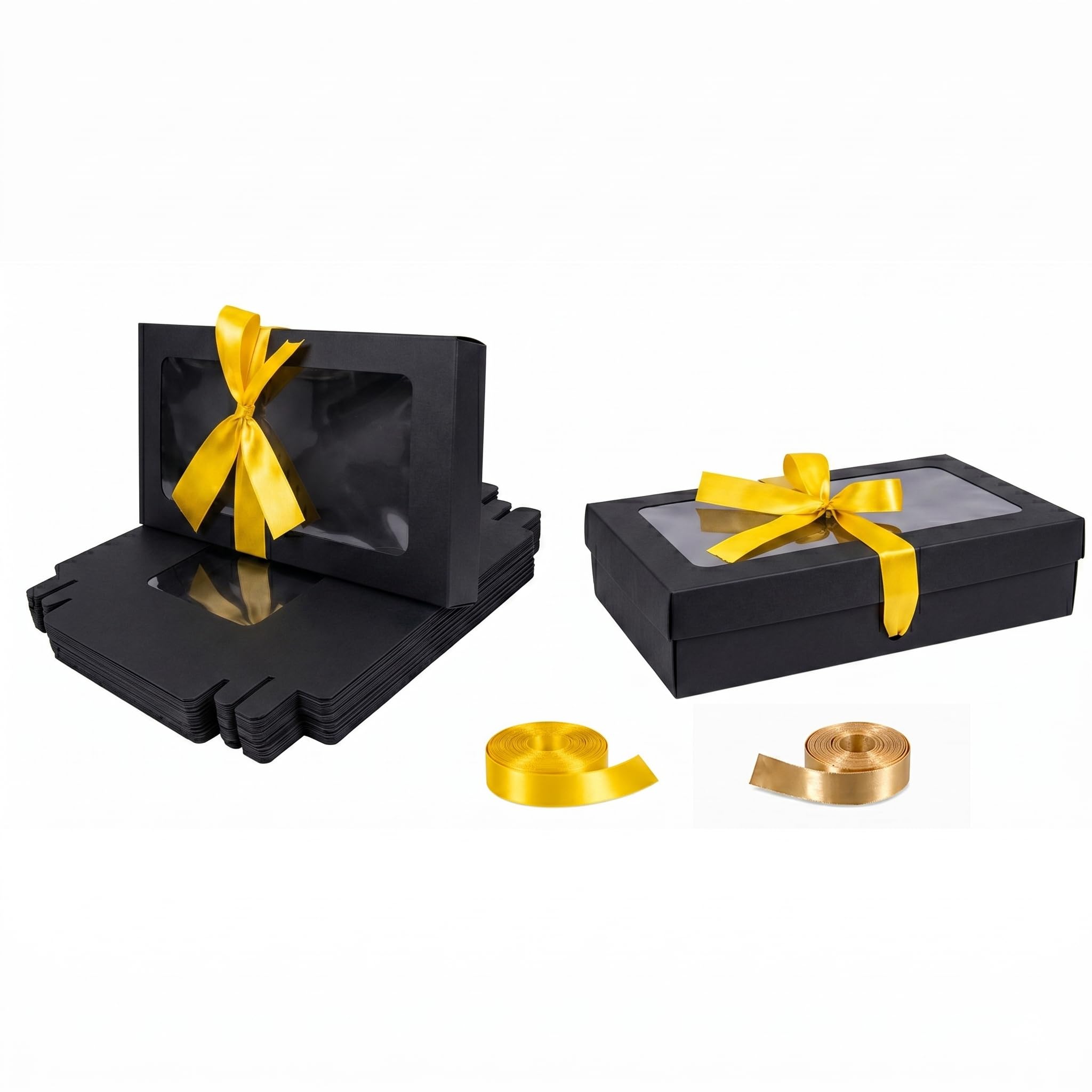 Emartbuy Pack of 12 Black Gift Boxes with Clear Window Lid & Yellow Satin Ribbon - Small 21.5 x 13.5 x 4.5 cm - Recyclable Kraft Presentation Box for Hampers, Treats, Weddings & Favours — image 1
