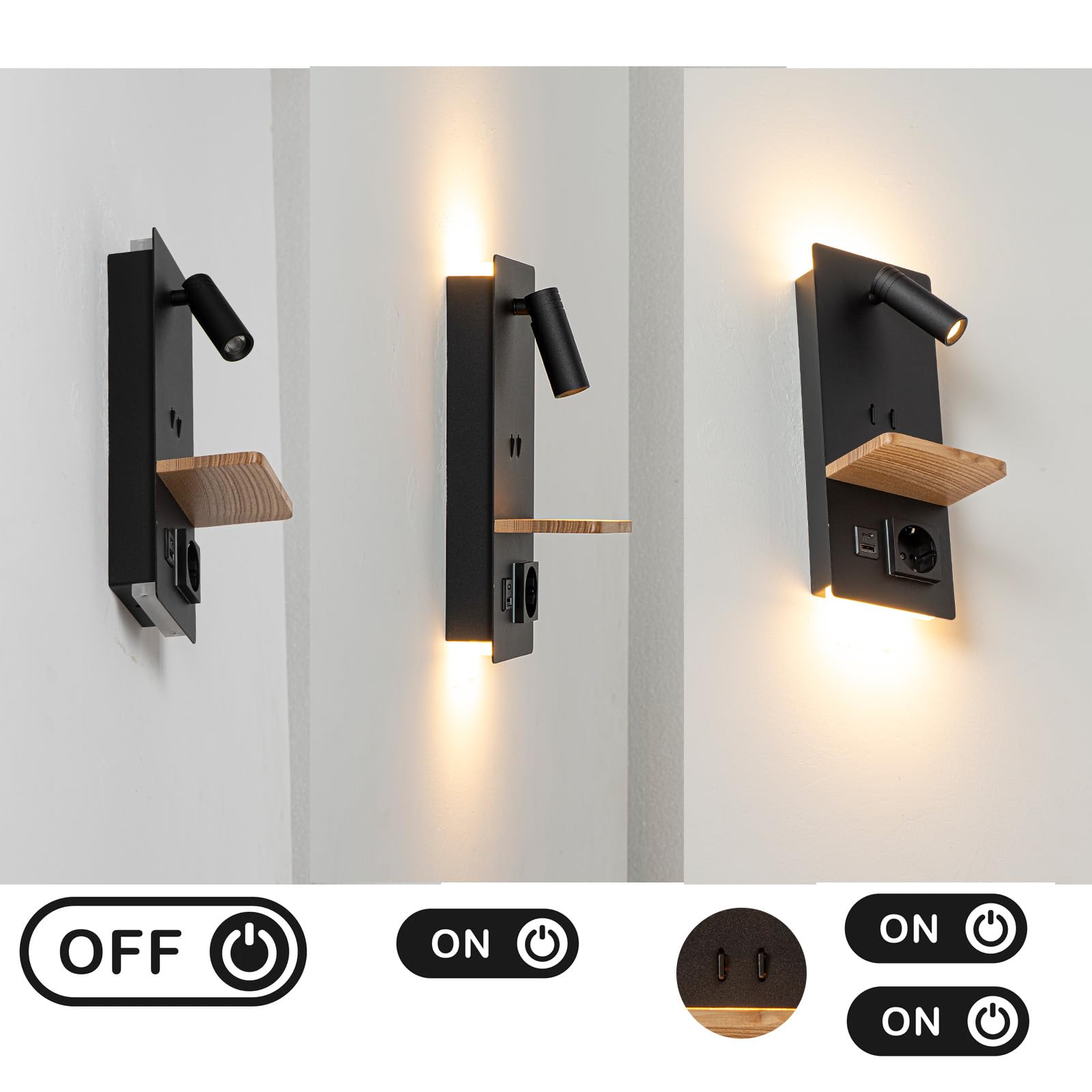 Alpinaluz Schwarze Wandleuchte mit schwenkbarem Leselicht, 3 W und Umgebungslicht, 6 W, 2800 K, USB-Ladeanschluss A+C, Schuko-Stecker und Holzregal für Schlafzimmer und Kopfteil