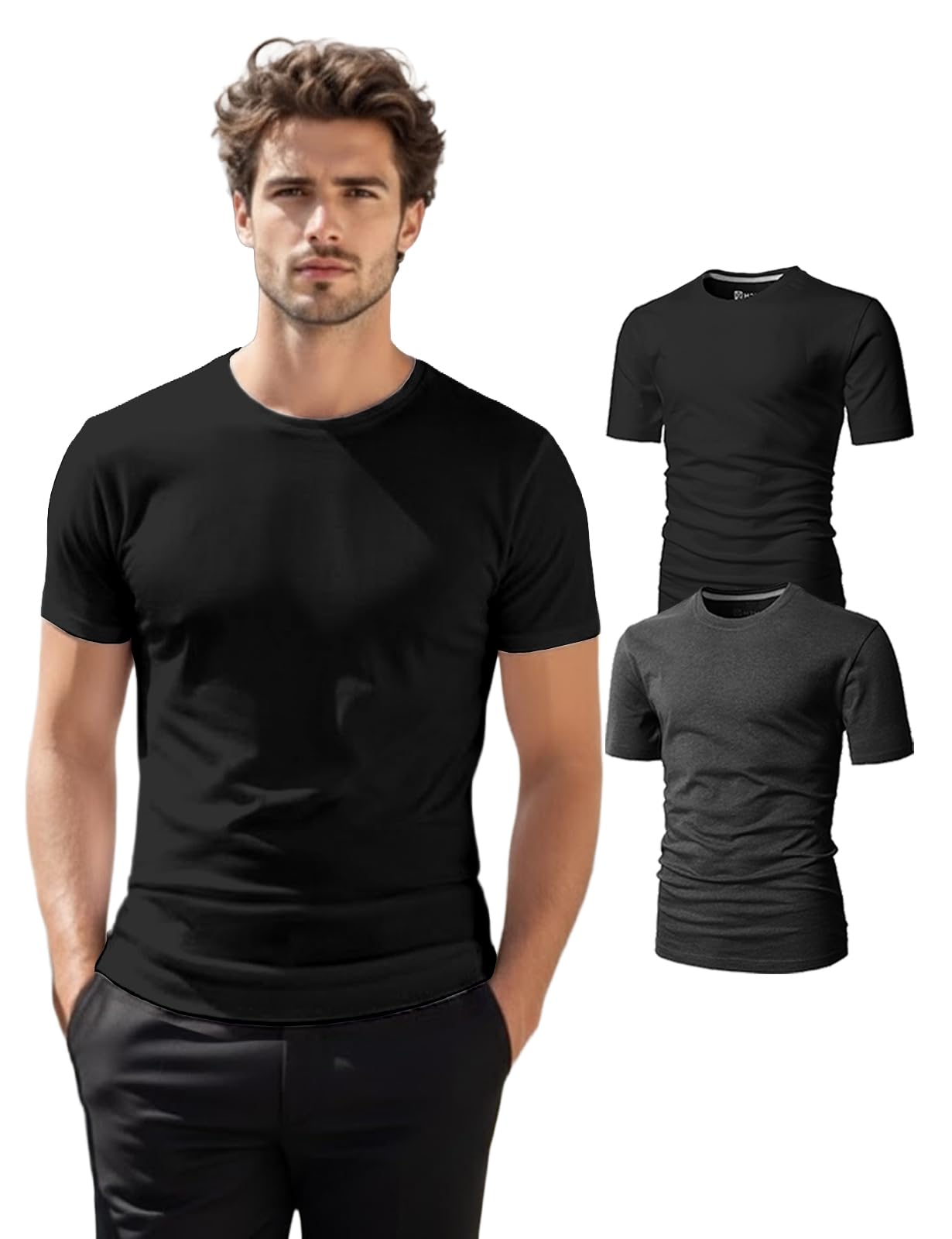 H2H Mens T-Shirts - Plain Novelty Slim Short Sleeve Cotton Blend (V Neck/Crew Neck) Multipack Size XS to 3XL