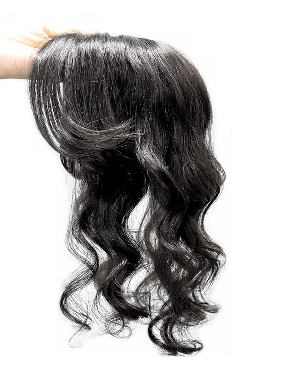 Water Wave Human Hair Topper with Side Bangs/Fringe Women Toupee Add Hair Volume,5x5" Silk Base Topper Hairpieces Clip in Wavy Hair Pieces Topper Wiglets for Women with Thinning Hair Middle Part 12" Black