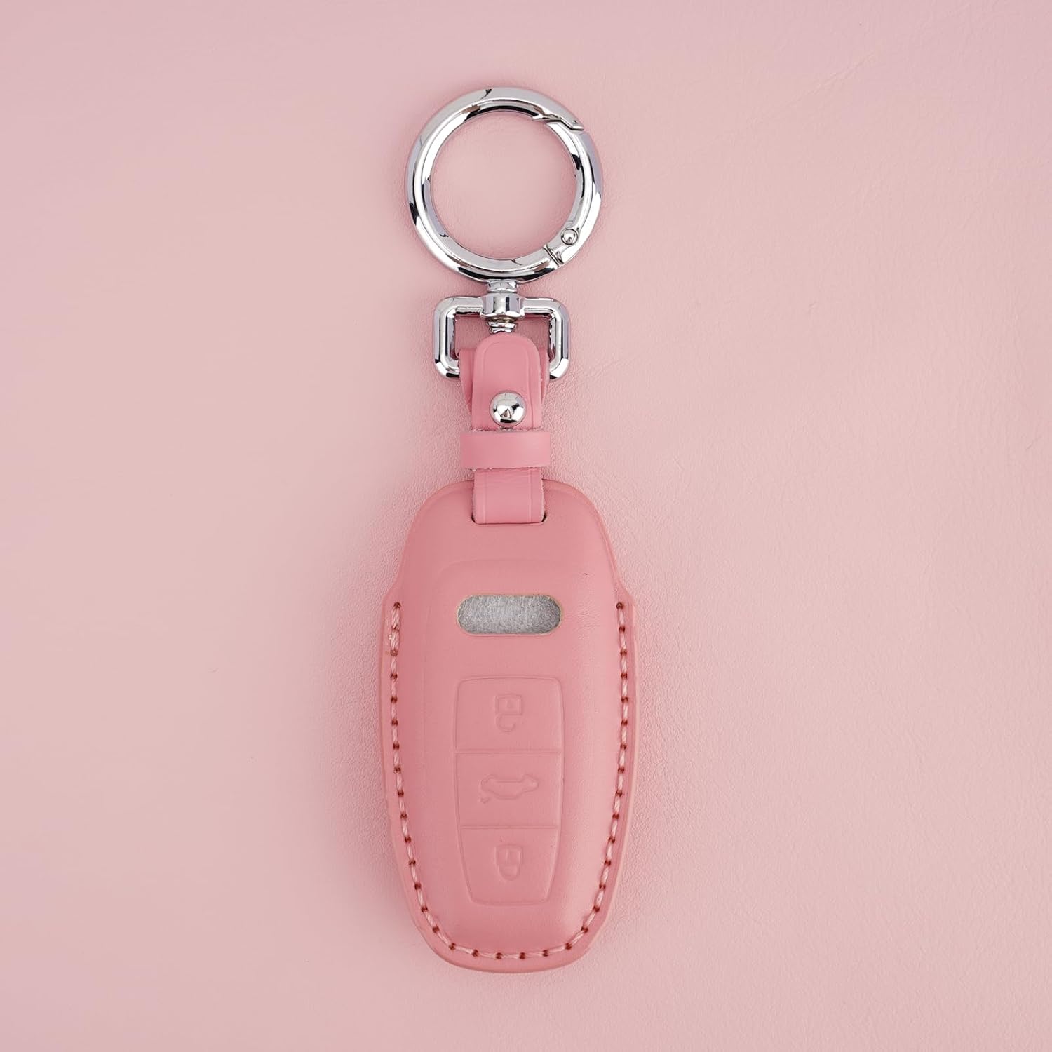 Genuine Leather Key Fob Cover with Keychain, Compatible with Aud 2019-2022 A3, A6, A7, E-Tron, A8, and Q8 Smart Key (Pink)