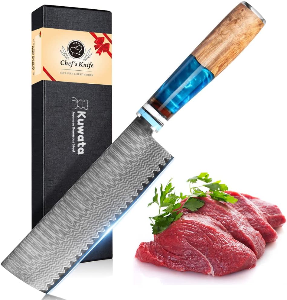 Nakiri Chef Knife, Japanese VG10 Damascus Steel Professional Kitchen Chefs Cooking Knife, Nakiri Knife G10 Ergonomic Blue Handle with Gift Box